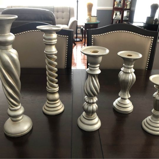 5-pcs beautiful Gray Candle Pillar Holders&7 pillar candles.Height between 8” to 16”.