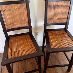 2 Dark Wood & Bamboo Bar Stool / High Chair