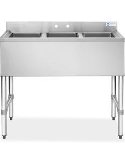 3 Compartment Stainless Steel Bar Sink, NSF Commercial Kitchen Underbar Sink with 10" L x 14" W x 10" D Bowls