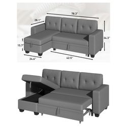 Dark Gray Sleeper L-Shape pull out Couch sofa bed with Storage - Sofá cama 
