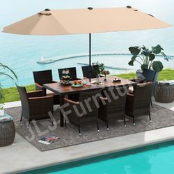 NEW🔥 Outdoor Patio Furniture Dining Set 10 Pc Wicker Acacia Wood Table With 15' Umbrella ASSEMBLED