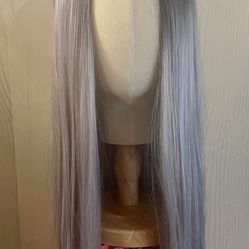 Long Straight Two Tone Black & Gray/Silver Ombré Wig