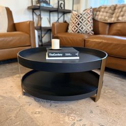 Modern Round Black Coffee Table – 30” with Storage Shelf
