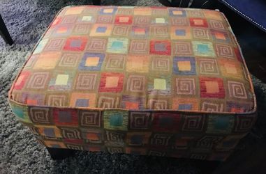 Bold, Bright, Modern Brown Footstool, Ottoman in Red, Orange & Blue - OBO - Make Me An Offer