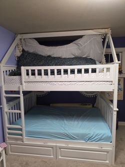 White Wood Bunk Bed with Storage Drawers