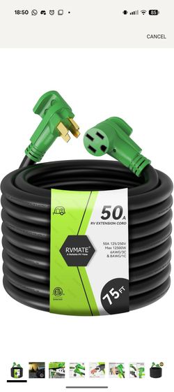 50 Amp 75 Foot RV/EV Extension Cord
NEMA 14-50P/R
