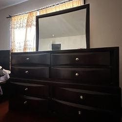 Queen Bed Frame, Two Nightstands, Dresser With Mirror 