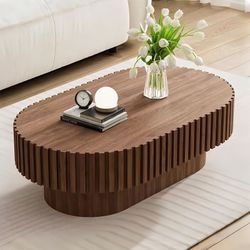 Oval Coffee Table,Mid Century Modern Fluted Coffee Table with Pedestal, Classic Wood Coffee Table for Living Room, Bedroom, Apartment, Office, Small S