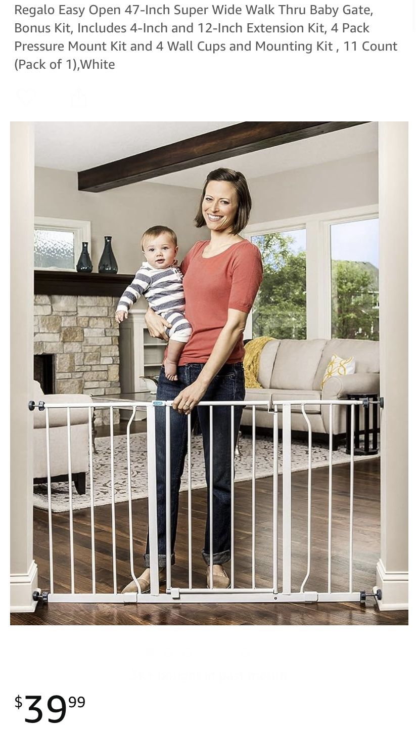 Regalo Easy Open 47-Inch Super Wide Walk Thru Baby Gate, Bonus Kit, Includes 4-Inch and 12-Inch Extension Kit, 4 Pack Pressure Mount Kit and 4 Wall Cu