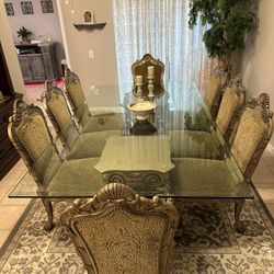 Elegant 9ft Glass Top Dining Table Set – Ornate Carved Design