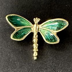 Vintage 14k Yellow Gold Guilloche Enamel Dragonfly Brooch / 4 Grams