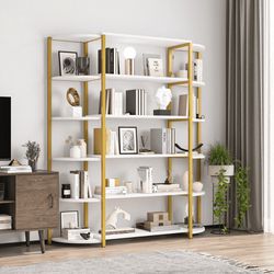  6 Tier Bookshelf, Wood Triple Wide Etagere Standing Bookcase for Home Office, White and Gold