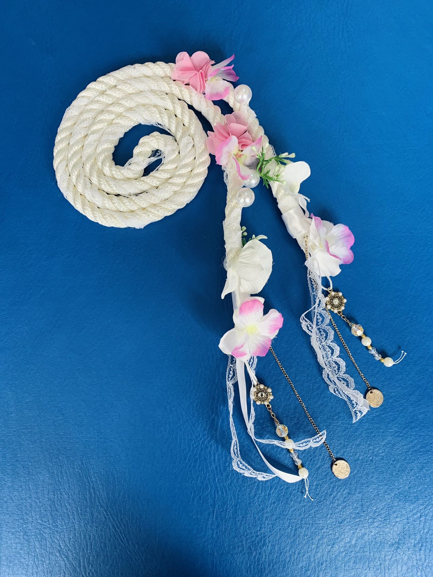 Handfasting Lasso Rope. Wedding Hand Fasting For Couples. Floral And Dangling Rustin Metals And Mini Chain With Coins. Opal And Pearl Beads Iridescent