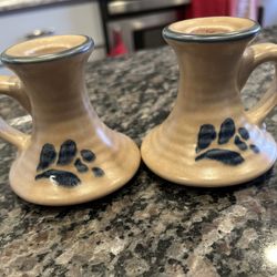 Pfaltzgraff Folk Art Ceramic Candle Holders with Blue Floral Print, Set of 2