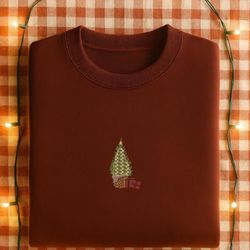 Minimal Christmas Embroidery Sweatshirt – Pine Tree and Gifts Holiday Crewneck – Winter Outfit for Her & Him