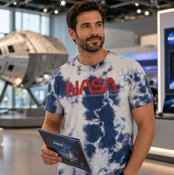 Nasa Men's Size Medium Graphic Print Tie-Dye Blue Short-Sleeve Crewneck T-Shirt. The official manufacturing brand for this specific graphic t-shirt is