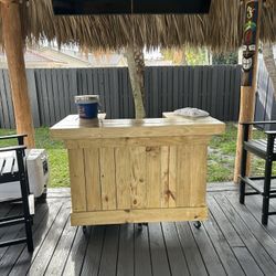 Indoor/Outdoor Wood 5 Foot U Shaped Bar With Frig And Locking Wheels 
