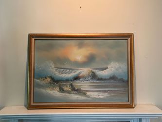Vintage framed seascape oil painting on canvas featuring crashing ocean waves