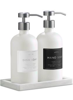 New Glass Soap Dispenser Set of 2 (White) with Silicone Tray | Hand and Dish Soap Dispenser for Kitchen and Bathroom | 16.8 Oz Glass Bottles with Stai