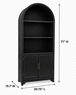 71 Inch Arched Bookcase Cabinet with Doors 5 Tier Storage Shelves Black Display Cabinet