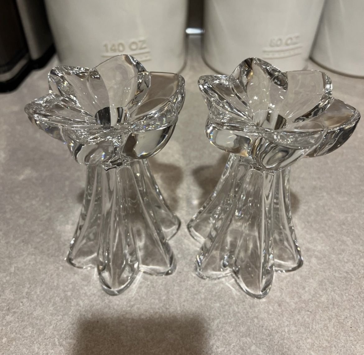 Set of crystal candle holders that stand 6” tall.