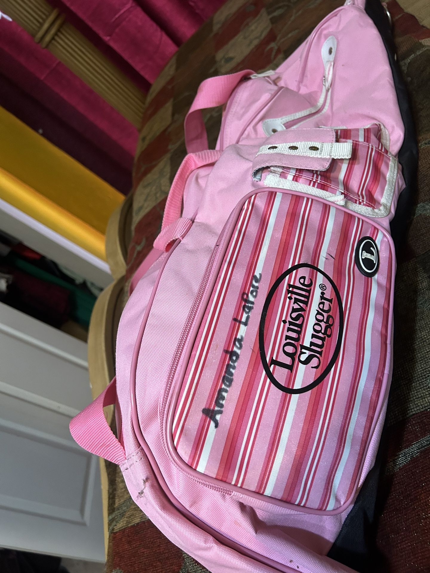 Softball bag, helmet, and glove