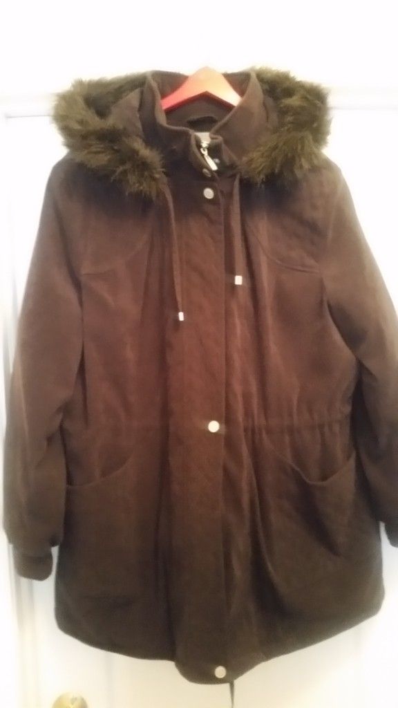 Coat Brown Suedecloth With Faux Fur Hood 2XL