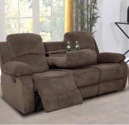 Brown chenille fully reclining three person sofa