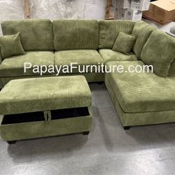 New! 106” Plush Sage Sectional And Ottoman, Sectional Sofa,Green couch, Green Sofa, Sectional And Storage Ottoman, Sectionals, Sofa, Corduroy Sectiona