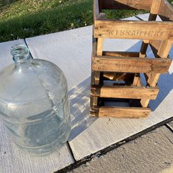 Vintage Antique 5 Gallon water Bottle And Wooden Crate