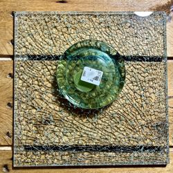 Pier One Green Glass Flat Disc Pillar Candle Holder & Steve Siller Shattered Glass Top !! 