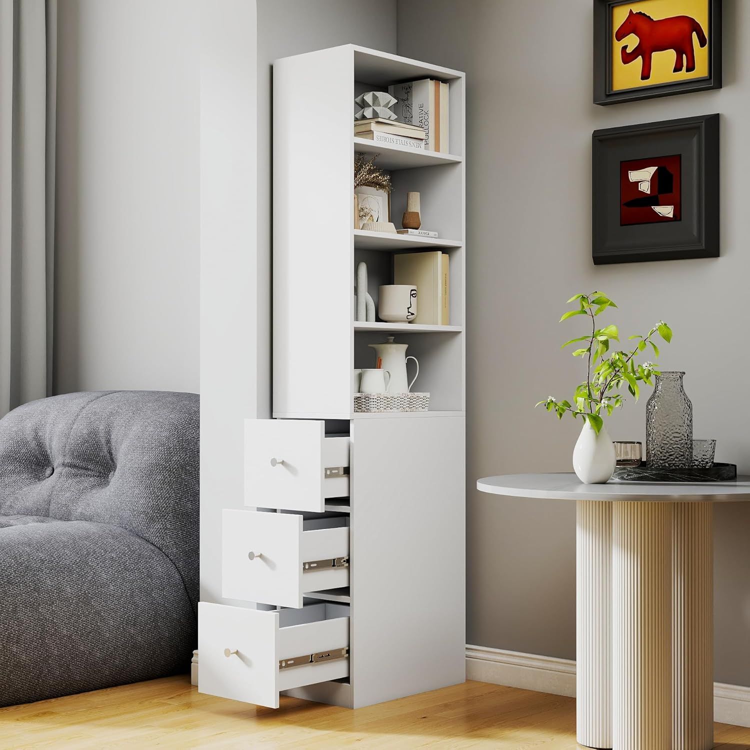 KEIKI 70.87" H Display Storage Cabinet with 4-Tier Shelf, 3 Side Drawers, Modern Wooden Tall Booksh