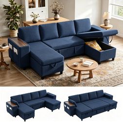 112.2 Inch Sectional Sofa with Storage Chaise, Pull Out Sleeper Bed and Tray,Blue