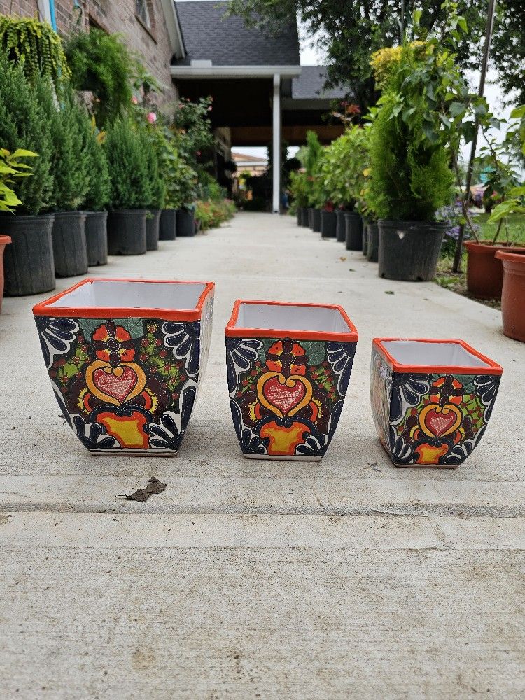 Square Talavera Set Clay Pots, Planters,Plants, Pottery.
