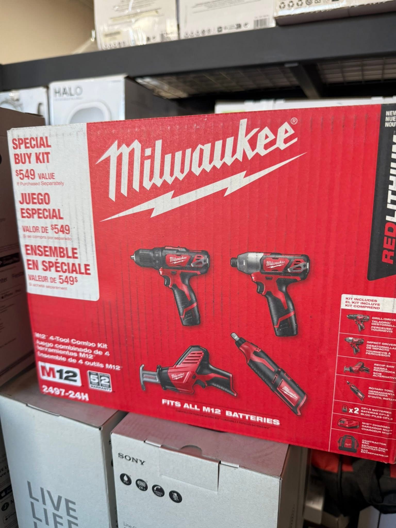 M12 12V Lithium-Ion Cordless Combo Kit (4-Tool) w/(2) 1.5Ah Batteries, (1) Charger, (1) Tool Bag