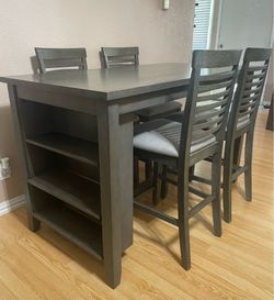 5-PC AESTHETIC HIGH TOP GRAY FINISH DINING SET (TABLE WITH SIDE SHELVES AND 4 PADDED GRAY CHAIRS)