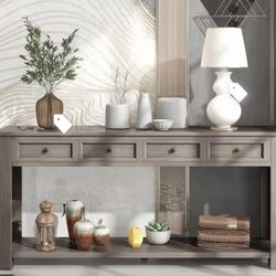 Rustic 63 in. Gray Wash Standard Rectangle Wood Console Table with 4 Drawers