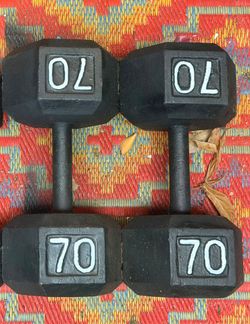 PAIR  OF  70 LB.  STEEL  HEX  DUMBBELLS
