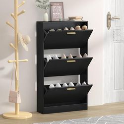 CARPETNAL Shoe Cabinet for Entryway, Black Shoe Storage Cabinet with 3 Flip Drawers, Hidden Narrow