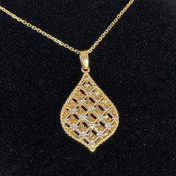 14K Two Tone Gold Fancy Checkered petal shape Charm Pendant with 18” Chain