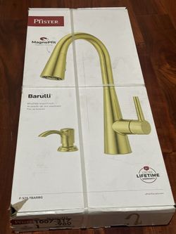 Pfister Barulli kitchen faucet with a soap dispenser