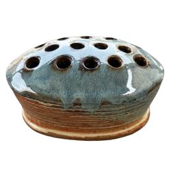 Handcrafted Ceramic Flower Frog 7” Blue Glazed Pottery Oval 14 Holes