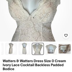 Watters & Watters Dress Size 6 Cream Ivory Lace Cocktail Backless Padded Bodice