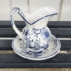 Cute Small Vintage Enesco Blue & White Pitcher & Plate Set