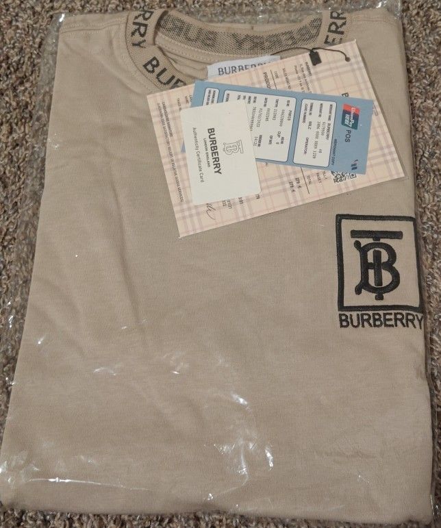 New Burberry TB Monogram Logo T-Shirt Tee Tan Khaki Beige Size L with Tags
