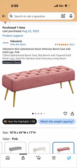 Yaheetech 45in Upholstered Velvet Ottoman Bench Seat with Gold Legs, Pink