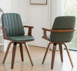 Modern Green Upholstered Leather Swivel Dining Chairs (Set of 2)