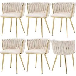 Velvet Dining Chairs Set of 6, Modern Upholstered Woven Dining Chairs with Gold Metal Legs, Modern Accent Chairs for Dining Room, Vanity, Kitchen, Liv
