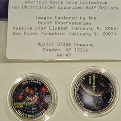 American Space Coin Collection featuring two uncirculated, colorized Kennedy half dollars. The coins feature images captured by the Great Observatorie