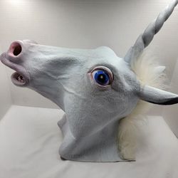 White Unicorn Head Mask Horse Adult Costume Latex Rubber Halloween Large